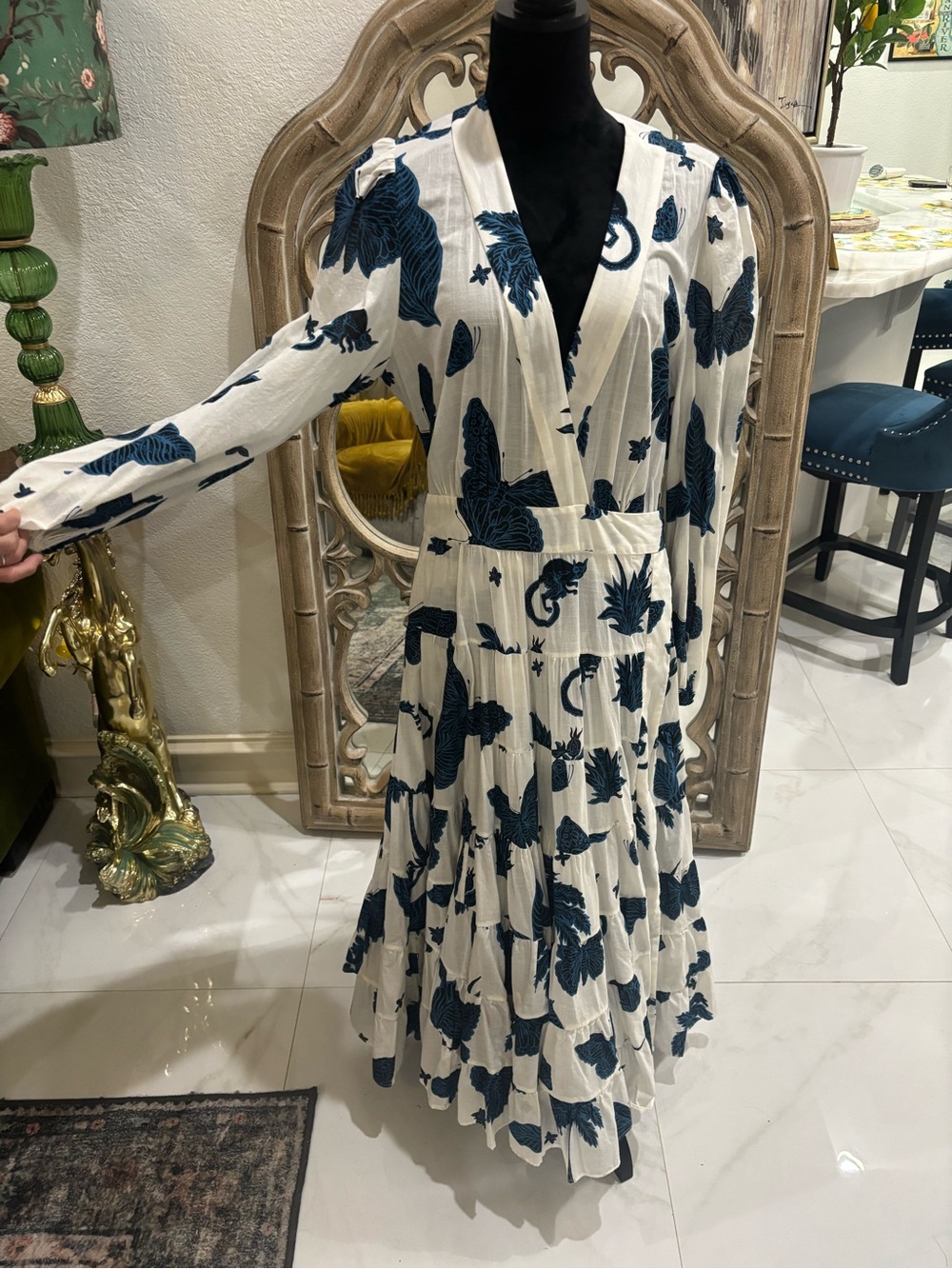 Banana Republic White Maxi Dress with Navy Floral Print